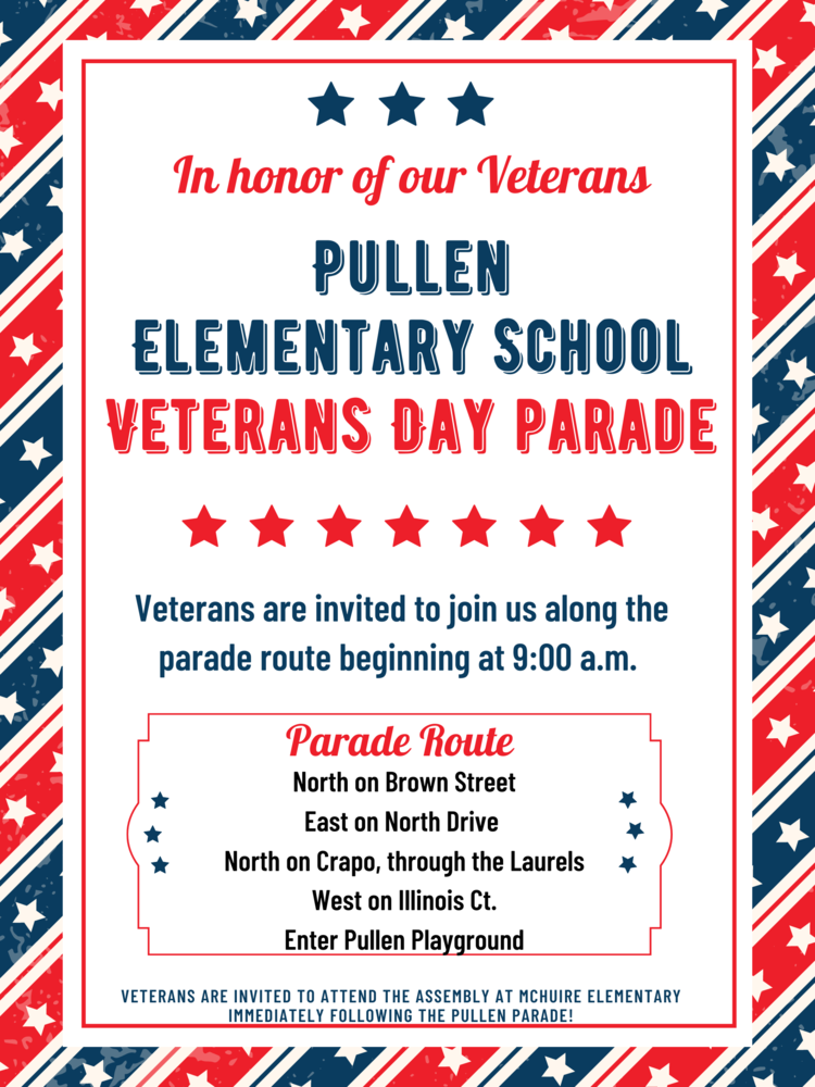Veteran's Day invitation  with red, blue and white decorations. 