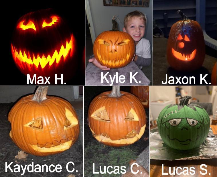 Six images of pumpkins with the names of students who made them.