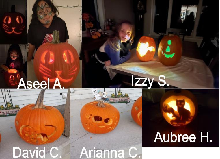A collage of 5  Halloween pumpkins. 
